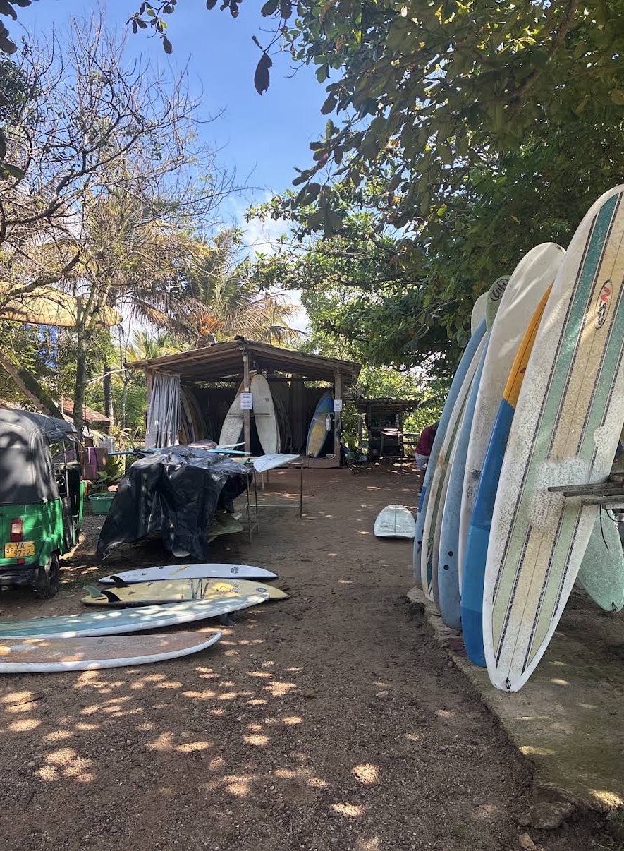 Boards stacked in shade